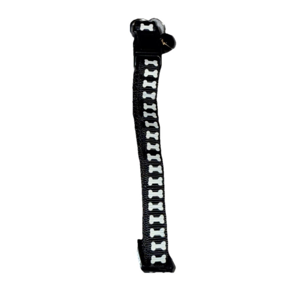 Pet Collar w/Bell Black White Dog Bone Design SM-MD Pets Adjustable NEW